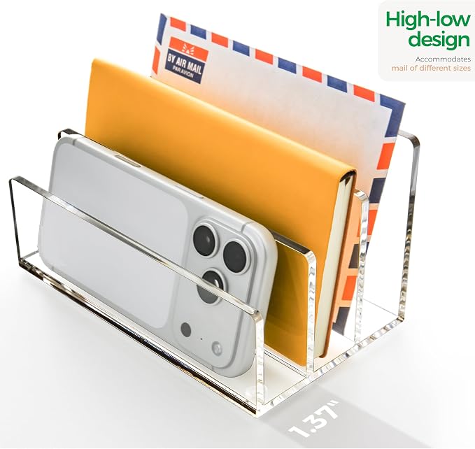 Clear Acrylic 3 Compartment Mail & Letter Organizer for Desk | 5mm thick, 3 compartments organize mail, bills, letters & files. Crystal clear acrylic, non-slip pads. No assembly.