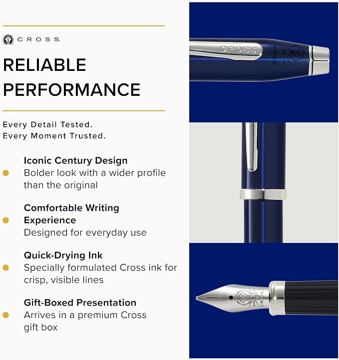 Cross Century II Translucent Blue Lacquer Medium Nib Fountain Pen - Professional Pen for Everyday Use - Smooth Writing - Comfortable Grip - Black Ink - Durable Construction