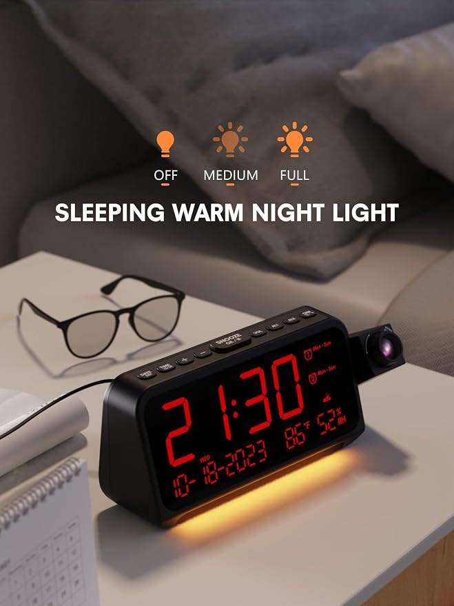 Mesqool Projection Alarm Clock Ceiling Display, with Temperature, Humidity | Dual Alarms, 5-Level Dimmer, Date, Night Light, Weekday/Weekend Mode, 12/24H, DST, , Snooze, 180° Rotatable, for Bedroom