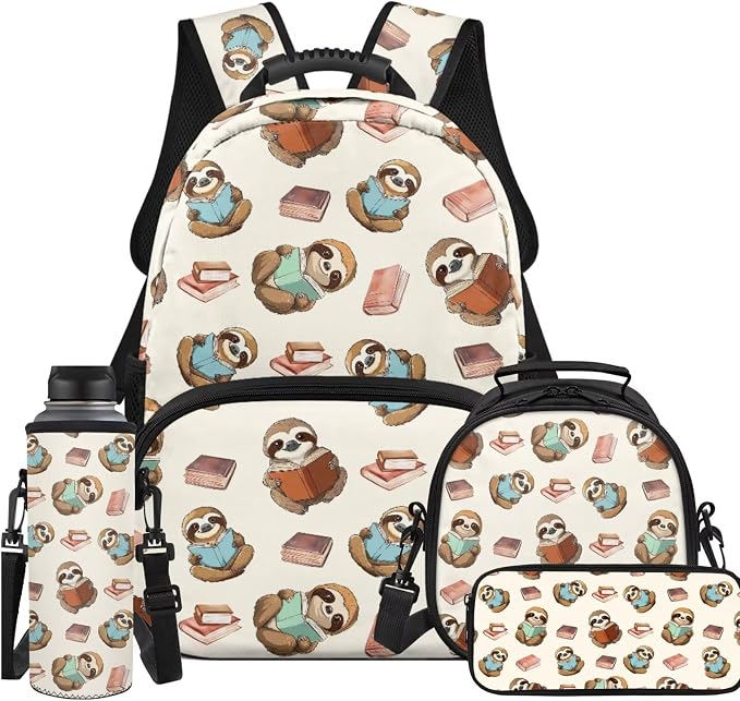 Ystardream Funny Sloth Book School Backpack for Girls Backapck with Luch Bag for Kids 17 Inch Elementary School Daypack with Zipper Pencil Case,Water Bottle Sleeve 4 in 1 Set for Little Big Kid