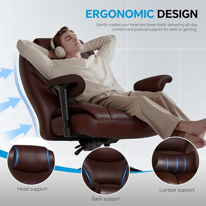 Big and Tall Office Desk Chair with 5-Position Armrests, 650 LBS Heavy Duty Executive Office Chair Comfy, Extra Wide Seat, High Back Computer Chair with Lumbar Support, Reclining Tilt Lock (Brown)