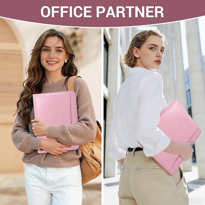 Faux Leather Zippered Padfolio with 3 Ring Binder, Executive Portfolio Organizer Binder for Women, Fits 13.9" Laptop/Tablet, Refillable Writing Pad Pocket, Pink