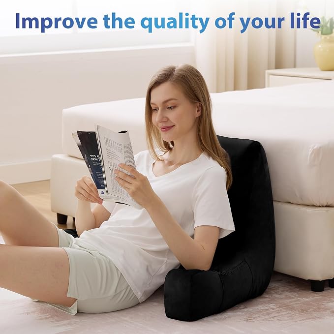 IPYNBAP Reading Pillow with Arms for Adult, Back Pillow for Bed Sitting Up, Shredded Memory Foam Backrest Pillow with Pockets & Removable Washable Cover, Lounging, Watching TV, Reading(20" Black)