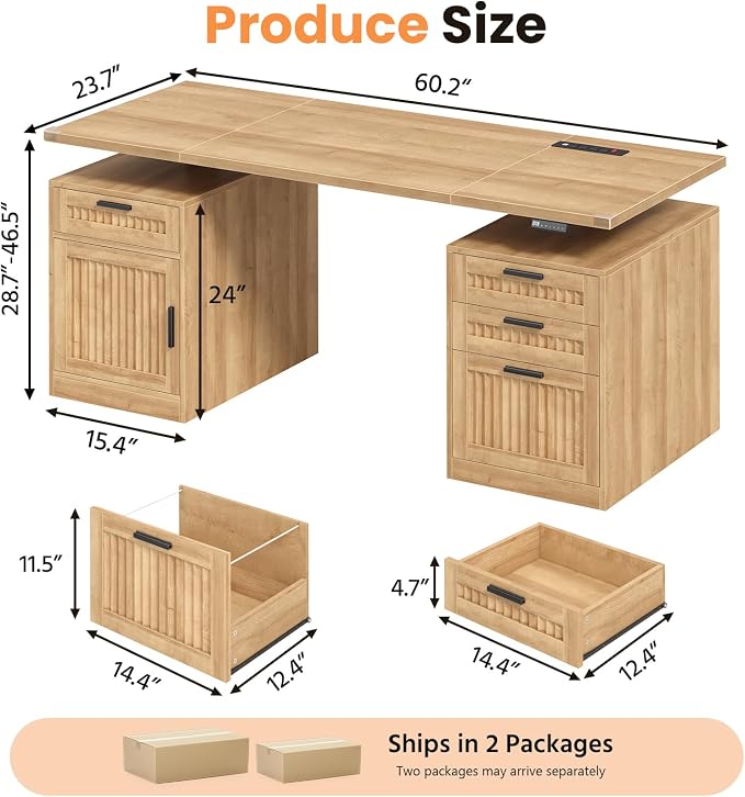 60" Fluted Electric Standing Desk with Drawers for Home Office, Oak | Height Adjustable Computer Desk with 4 Drawers & Storage Shelves, Wood Sit Stand Desk with Power Outlets for Work, Study