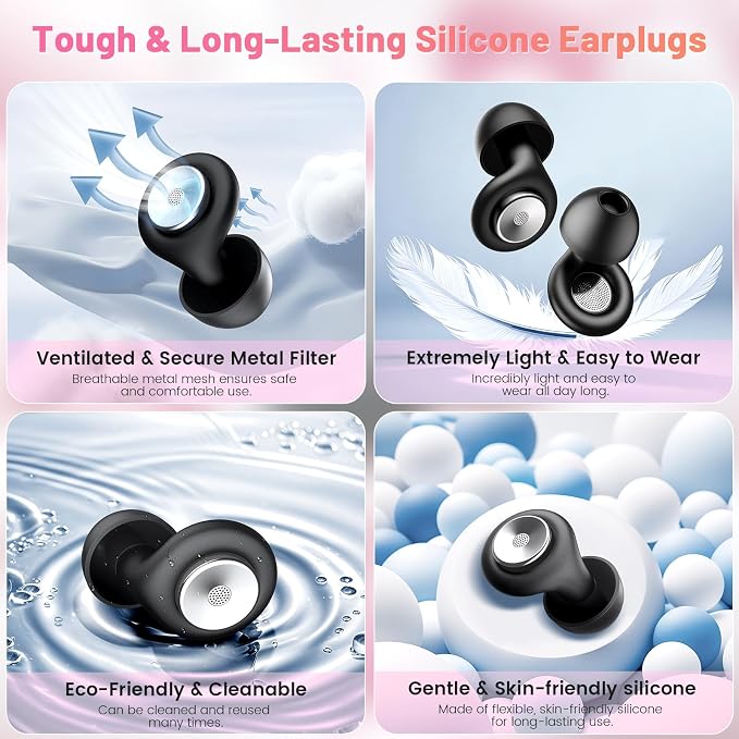 Earplugs for Hearing Protection and Noise Reduction, Sleeping Noise Cancelling, 30dB Soft Silicone Hearing Protection Earplugs, Reusable with Case & 8Eartips for Deep Focus, Black