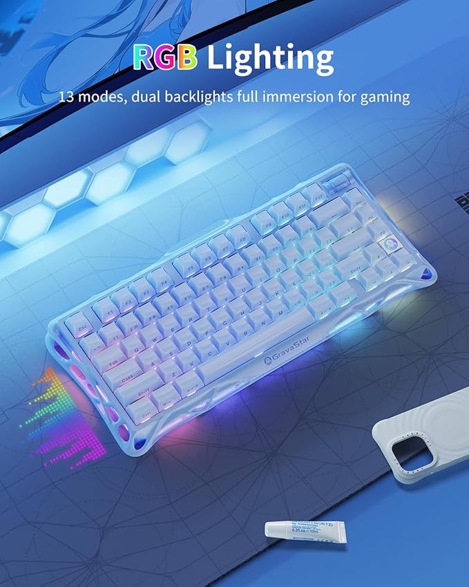 GravaStar Mercury K1 75% Blue Gaming Keyboard, Aluminum Alloy Mechanical Keyboard, Gasket Hot-Swap Socket, Linear Switches, RGB Backlit, Wireless Keyboard for Gaming, Office, and Gifts【Ice Blue】