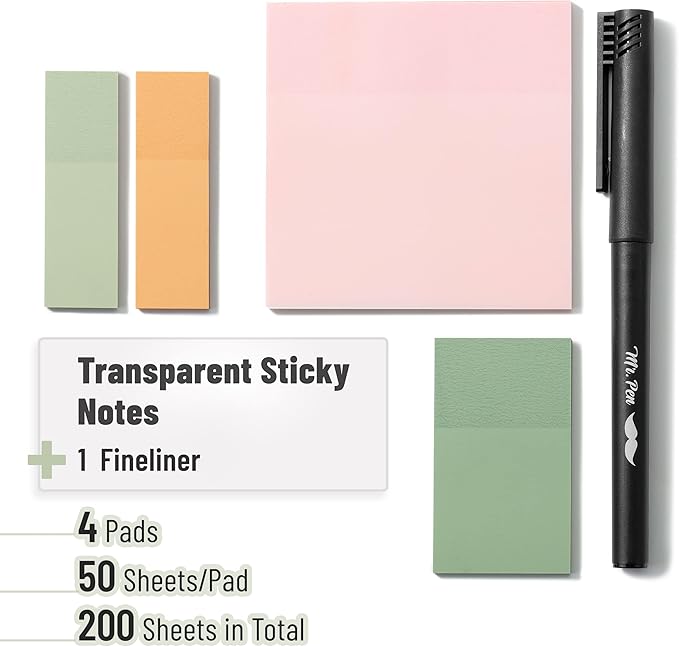 Mr. Pen- Pastel Transparent Sticky Notes, 200 pcs, Bible Sticky Notes, Planner Tabs, Stocky Notes for Bible Journaling