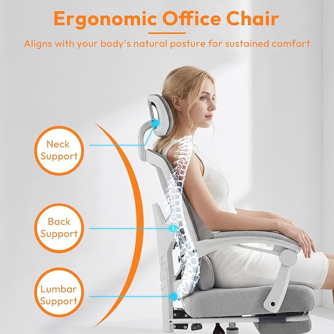 Ergonomic Office Chair with Footrest, Comfortable Desk Chair Gaming Chair | Leg Rest, Swivel Mesh Desk Chair with Headrest and Lumbar Support for Home, Office, Work, Study, Grey