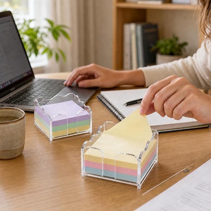 Scalloped Acrylic Sticky Note Holder - 2 Pack Clear Cute Notepad Holder, 3x3 Inch Wave Design Post It Dispenser Desk Organizers for Office & School