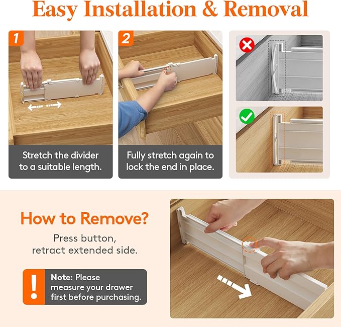 Lifewit 14 Pack Drawer Dividers for Clothes, 4" High 10.5"-16.5" Expandable Dresser Drawer Organizers, Adjustable White Plastic Separators for Kitchen, Cabinet, Nursery, Socks & Underwear Storage
