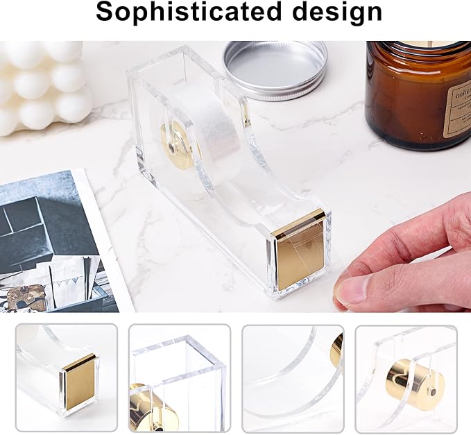 EOOUT Gold Office Supplies Set Desk Accessories, Acrylic Stapler Set Staple Remover, Phone Holder, Tape Holder, Pen Holder, 2 Ballpoint Pen, Scissor, Binder Clips, Ruler, Transparent Glue and Staples. | Clear Acrylic Desk Accessories, Organized Workspa...