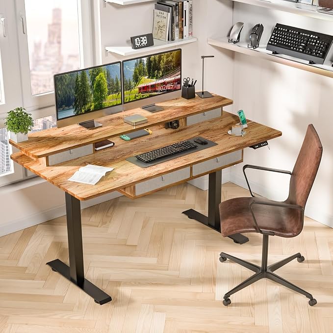 Kingant Electric Standing Desk with 4 Drawers,USB Charging Ports 63"x 30" | Ergonomic Height Adjustable Large Workstation, Heavy-Duty Sit Stand Up Desk For Home Office Daily Work,Light Rustic Brown