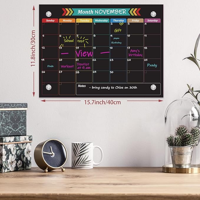 Glass Dry Erase Whiteboard, Color Monthly Calendar Whiteboard, 12" x 16",Frameless Glass White Board for Home, School, Office, Black Surface(Boli-Color-3040)