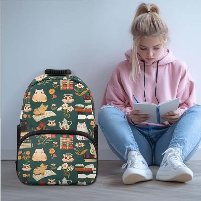 Ystardream Funny Cat Book Backpack for Teen Girls Backpack with Matching Lunch Bag & Pencil Case for Kids Teens Children Elementary Middle School Student,Waterproof Bookbags School Bag Set