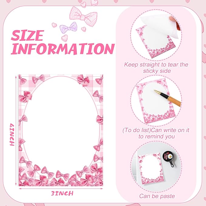12 Pcs Pink Bow Sticky Notes Coquette Bowknot Self Adhesive Notepad Removable Memo Pad Pink Bow Party Supplies for Home Office Decor Birthday Wedding Bachelorette Party Decorations