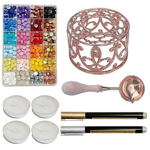 Sealing Wax Kit, Wax Seal Warmer with 24 Colors 600pcs Beads, Spoon and Metallic Pen, for Spring Gift and Decoration