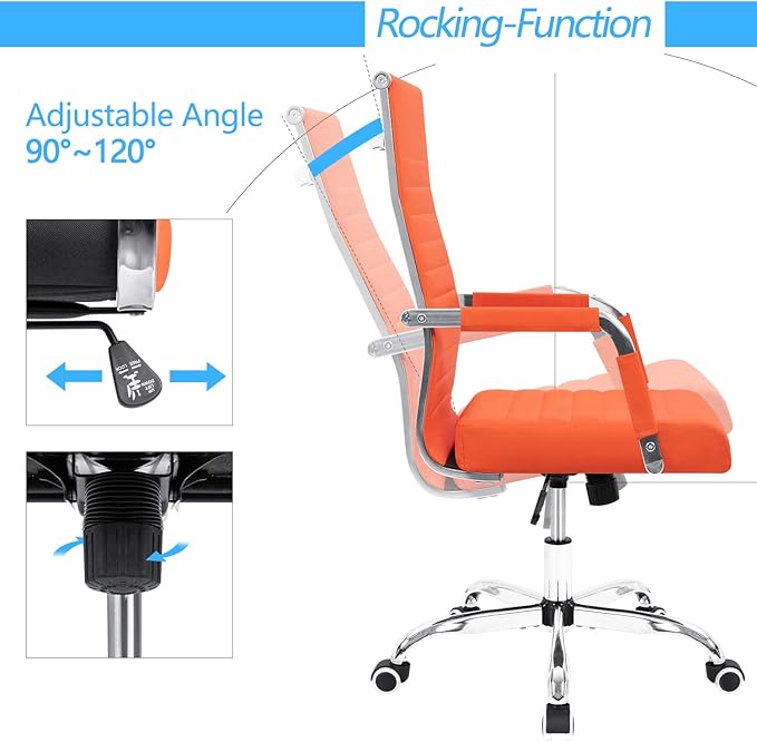 Furmax Ribbed Office Desk Chair Mid-Back Leather Executive Conference Task Chair Adjustable Swivel Chair with Arms (Orange)
