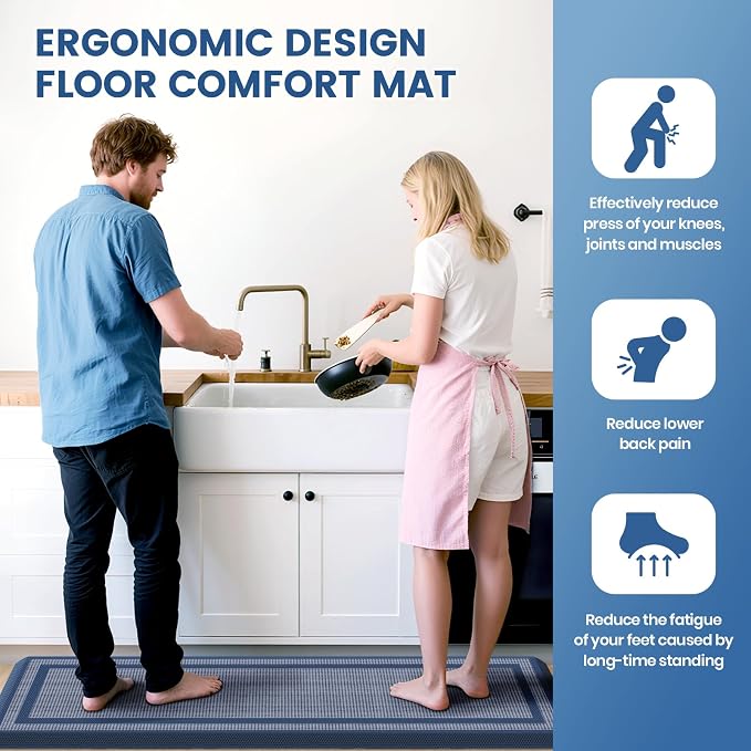 KitchenClouds [2 PCS Kitchen Rugs Cushioned Anti-Fatigue Kitchen Mats for Floor Waterproof Kitchen Rug Set Non-Slip Comfort Standing Mat for Office, Sink, Laundry 20"×30"+20"×47",Blue
