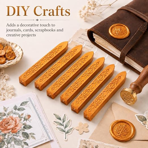 6 Pieces Sealing Wax Sticks with Wicks for Letter Seal Wax Stamp,Wedding Invitations, Packaging Decoration,Christmas Gift Ideas (Dark Gold)