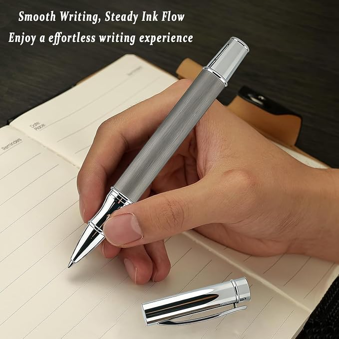 Brushed Metal Silver Rollerball Pen - 0.5mm Fine Point Executive Writing Pen for Men & Women, Professional Signature Pen for Business Office & Journaling, Luxury Gift with Metal Case