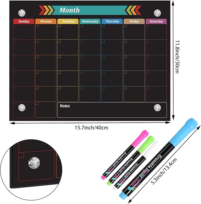 Glass Dry Erase Whiteboard, Color Monthly Calendar Whiteboard, 12" x 16",Frameless Glass White Board for Home, School, Office, Black Surface(Boli-Color-3040)