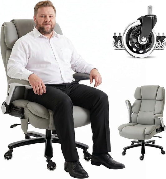 HOMCOM 400 Lbs Heavy Duty Office Chair with Adjustable Lumbar Support Gray | Inflatable Adjustable Lumbar Support, Heavy Duty High Back Desk Chair, Pet-Friendly Fabric, 4-Level Gas Lift
