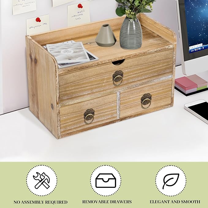 Washed White Wood Desk Organizer, Mini Desktop Organizer with Drawers, Tabletop Storage Organization for Home Office Supplies Vanity, No Assembly Required (3 Drawer and Shelf)