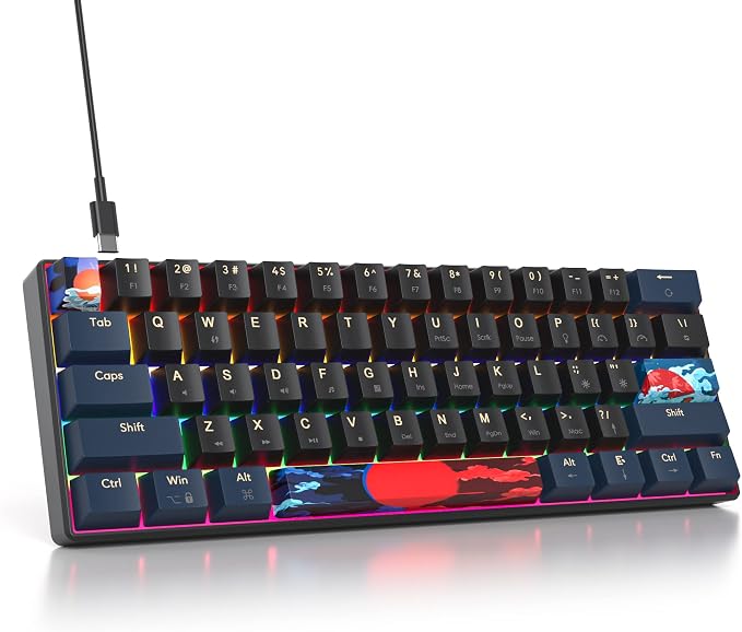 60 Percent Gaming Keyboard Mechanical with Linear Red Switch, 60% Wired Ultra-Compact Mini Keyboard Rainbow with PBT Keycaps for Ps4/Ps5/Xbox(61 Blue)