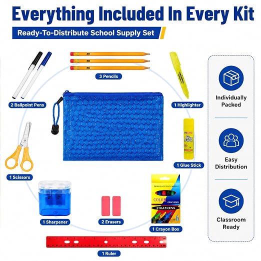 24 Pack Bulk Back to School Supply Kits, Complete Stationery Sets for Charity Donations, Classroom Giveaways, Volunteer Events and Educational Support Programs