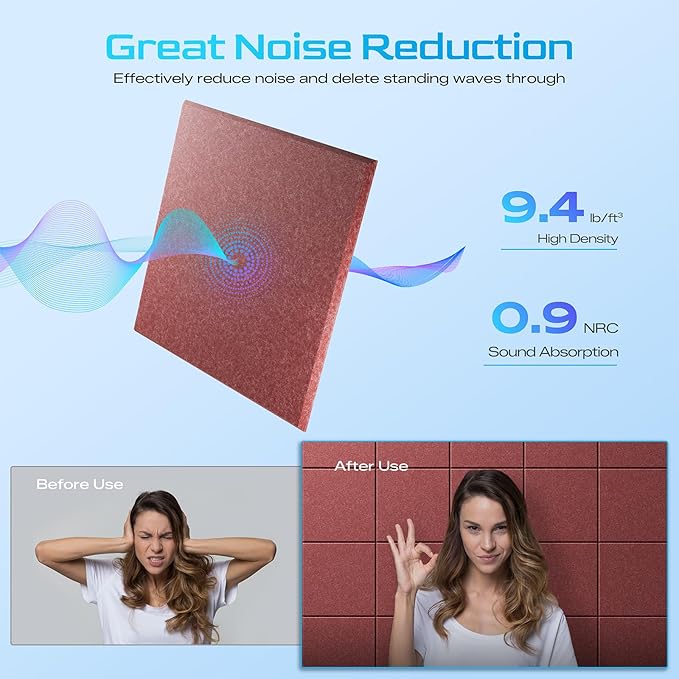 12 Pack Self-Adhesive Acoustic Panels, 12" X 12" X 0.4" High-Density Sound Proof Foam Panels for Walls, Soundproof Wall Panels for Home & Office (Red)