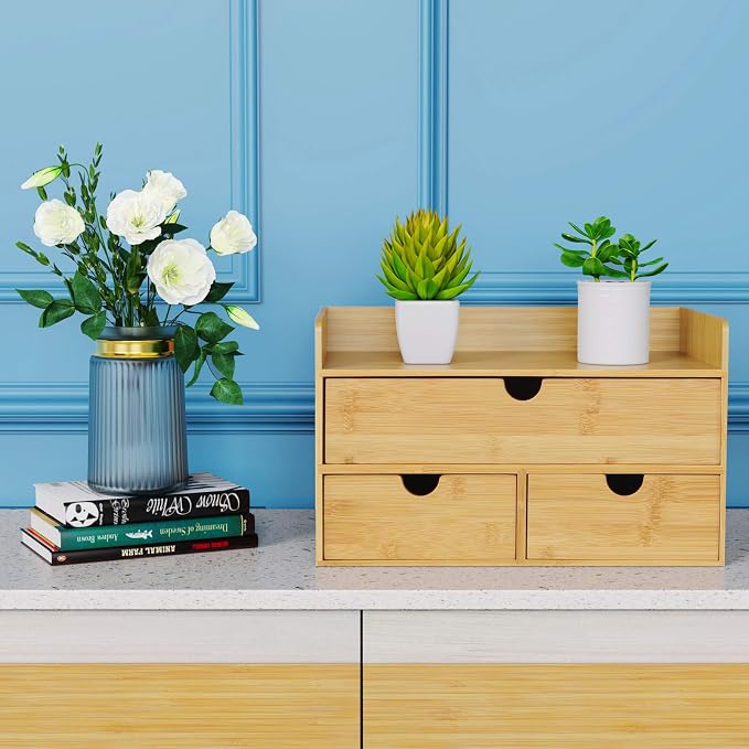 Wisuce Bamboo Desk Drawer Organizer, Desktop Organizer with Drawers Tabletop Storage Organization Box for Office Home Toiletries Supplies Vanity, No Assembly Required(1 with shelf-3 Drawers)