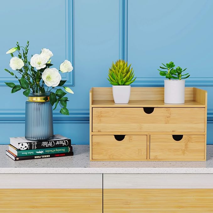Desk Organizer with Drawers - Bamboo Desktop Organizers Storage | Wood Makeup Organizer for Bills, Office Supplies, Cosmetics, Seals, Kitchen Utensils, No Assembly Required