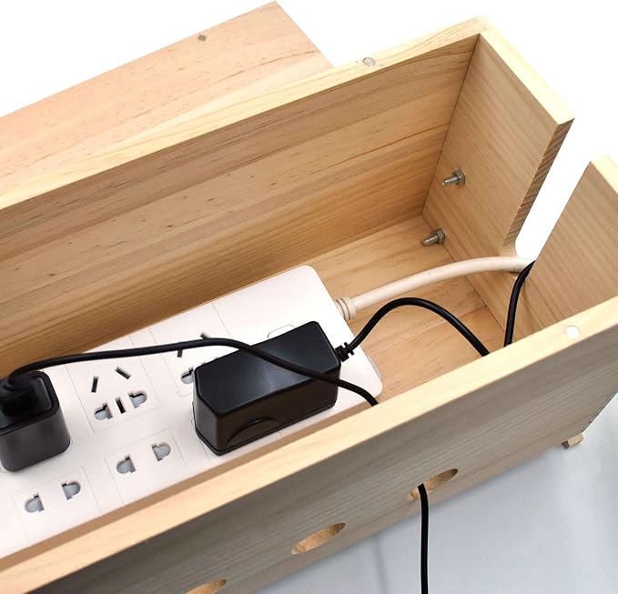 Large Wood Cable Management Box, Natural Cord Organizer 14.2" | Hides power strips & TV wires, 14.2 x 6 x 6.3 inches,Ideal for home & office organization
