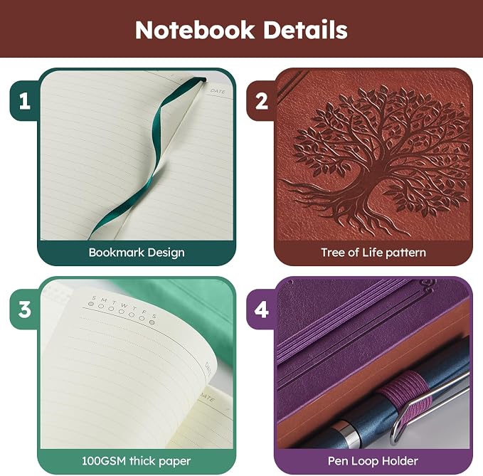 Lined Journal Notebook for Women Men, 320 Pages A5 Journaling Notebook College Ruled with 100GSM Thick Paper, Hardcover Leather Notebook for Work Writing Note Taking Diary, School, 5.7'' X 8.4''