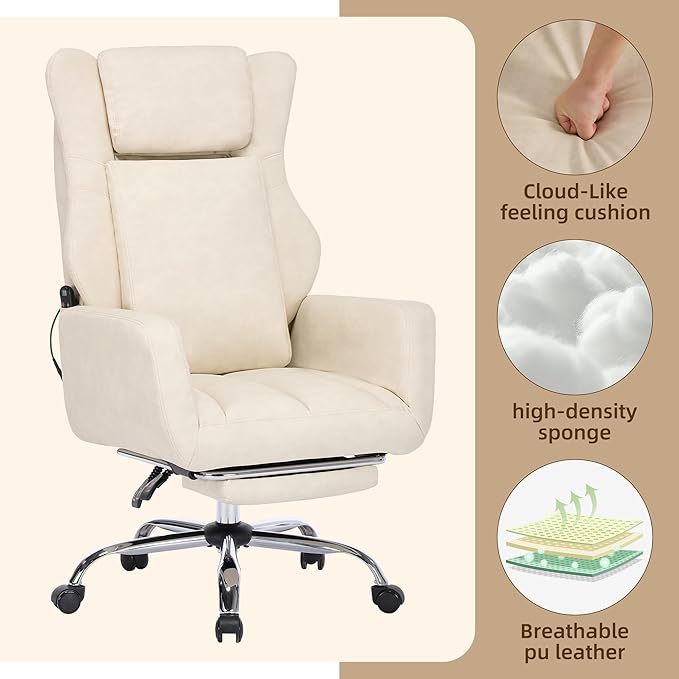 DYHOME Executive Office Chair with Massage and Footrest Heavy Duty Task Desk Swivel Ergonomic Chairs with Lumbar Support Wheels Flip-up Arms Adjustable Height,Leather Beige Computer Gaming Chairs