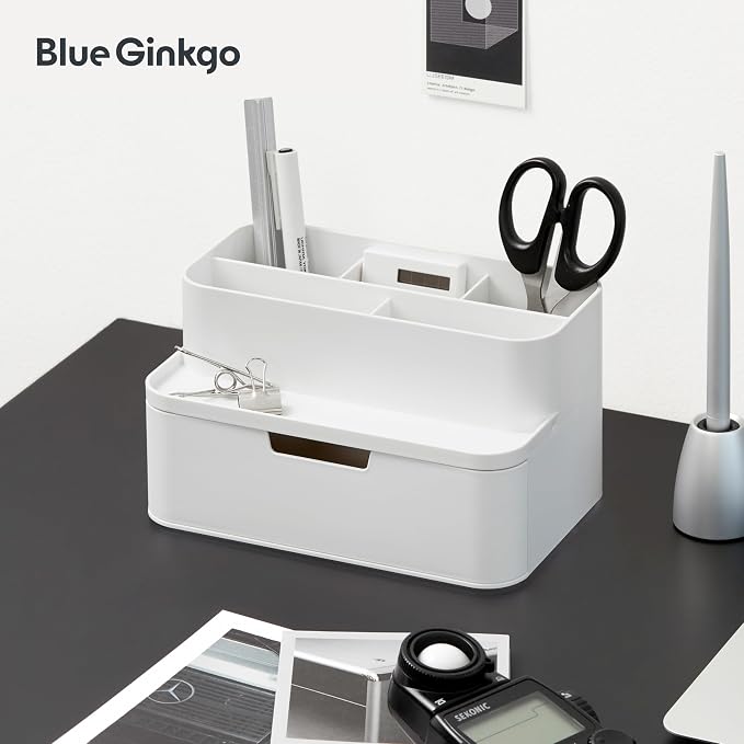 BLUE GINKGO Compact Desk Organizer, White, Made in Korea | 5 Compartments. Half Drawer. Space-Saving.