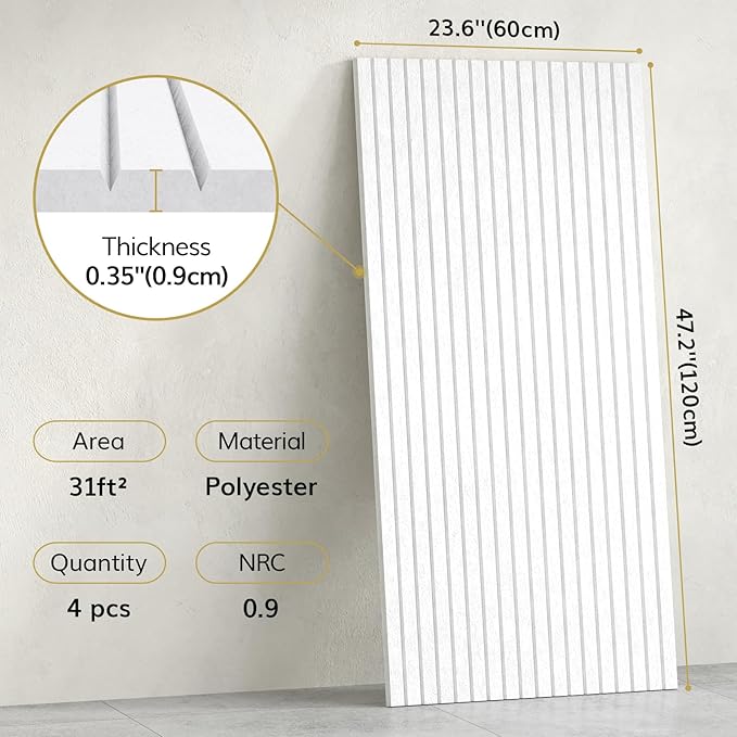 TONOR Large Acoustic Wall Panels, 4 PCS 47.2" X 23.6" X 0.35" Sound Proof Panels for Walls, Peel and Stick Wall Panels for Recording Studio Acoustical Treatments, White