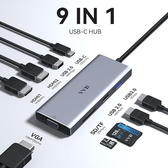 USB C Docking Station Dual Monitor Adapter Laptop Docking Station 3 Monitor | USB C Hub Multiple Adapter Dongle with Dual 2 HDMI 4K+VGA+100W PD Charger+3 USB Port+SD/TF Card Reader for Dell HP Lenovo