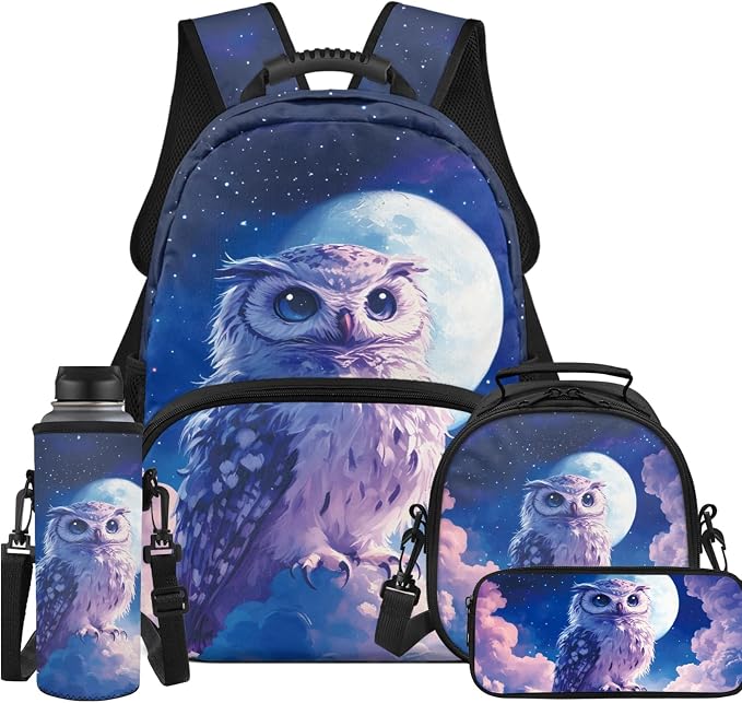 Ystardream 3D Owl Backpack with Lunch Box for Kids Girls Large Capacity School Back Pack Elementary Primary School Bag with Adjustable Straps 4pcs Bookbag Sets for Student Easy to Carry