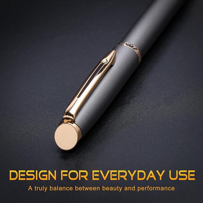 ZHKUVE Luxury Rollerball Pen, Stunning Gray Lacquer with 24K Gold Trim, Switzerland Tip with Black Ink Refills, Elegant Gift Set for Men & Women, Executive Writing