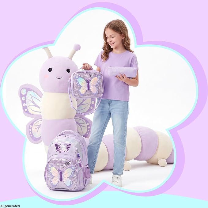 School Backpack for Girls,Kids Backpack with Lunch Box Set Cute Butterfly Kids Bookbag,Elementary Backpack for Girls,Lightweight Travel Daypack