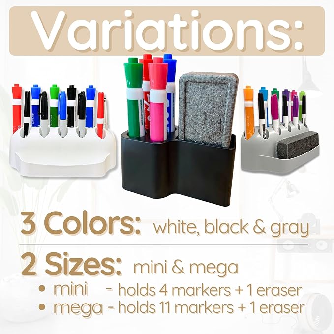 Whiteboard Marker Holder Magnetic - Dry Erase Marker Organizer with Adhesive Mount - Office Supplies Organizer for Classroom, School, Fridge - Made in USA, Gray 2 Pack