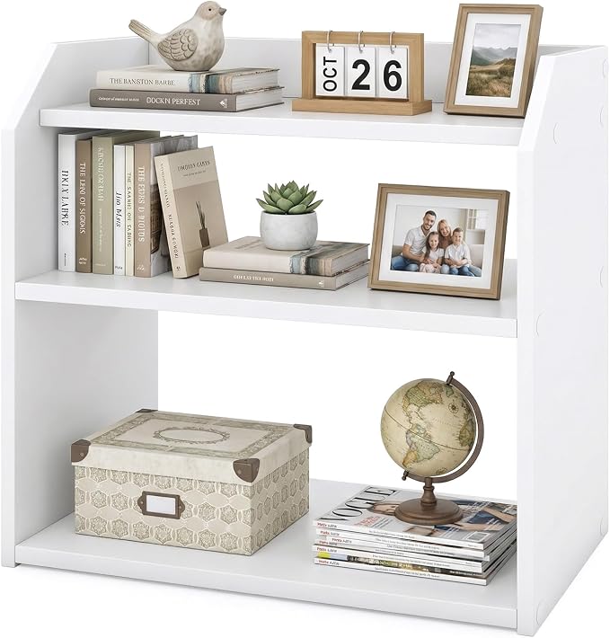 Tangkula 3-Tier Desktop Bookshelf, Wooden Countertop Bookcase with Guardrails, Space-Saving Desk Display Hutch Shelf, Modern Tabletop Storage Organizer for Study Room, Office and Dormitory (2,White)