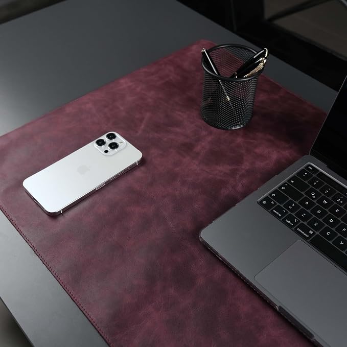 Jersey Genuine Calfskin Leather Desk Pad, Office Desk Mat with Non-Slip Bottom, Smooth Surface for Mouse & Keyboard, Desk Protector (36x19 inches) (Dark Purple)