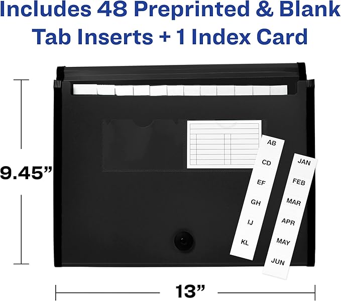 Avery Expanding File Folder Organizer, 13-Pocket Accordion File Organizer, Black, Holds 425 Letter/A4-Size Sheets (73553)