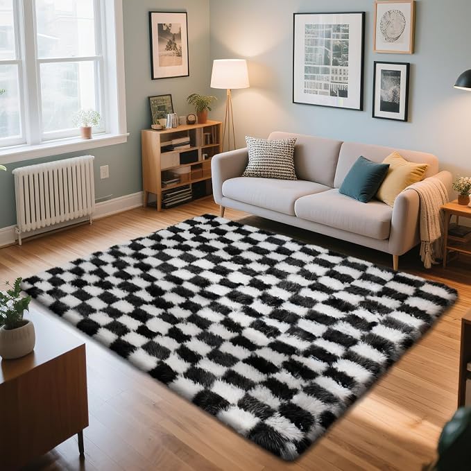 Checkered Rug for Bedroom, 5x8 Black and White Area Rugs, Classic Checkered Carpets Shag Area Rug, Bedside Rugs for Living Room Bedroom Room Home Decor
