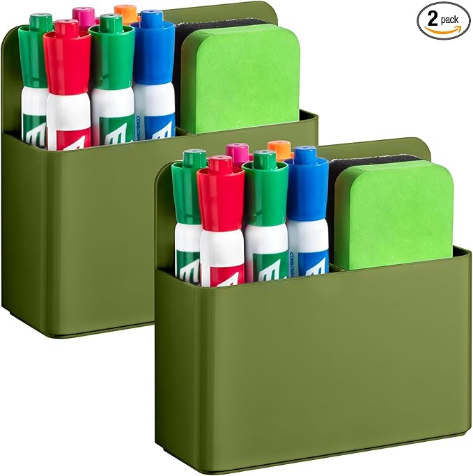 2 Pcs Magnetic Dry Erase Marker Holder for Whiteboard, Plastic Magnetic Pen Holder for Refrigerator Fridge, Magnet Pencil Cup for School Classroom, Locker Accessories, Pen Cup Organizer-Army Green
