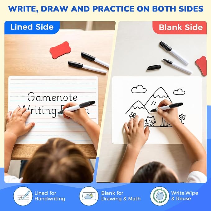 GAMENOTE 6 Pack Small Dry Erase Boards for Kids, 9x12 Double-Sided Lined and Blank Whiteboards with Markers & Erasers, for Classroom and Homeschool Writing Board