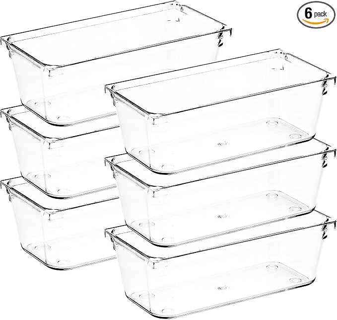 6 Pack Drawer Organizers, 3"X 6" Clear Acrylic Storage Bins | Acrylic Tray Design, Non-Slip Pads, Desk Storage Helper, For Makeup, Jewelry, Kitchen, Bathroom, Office Organization