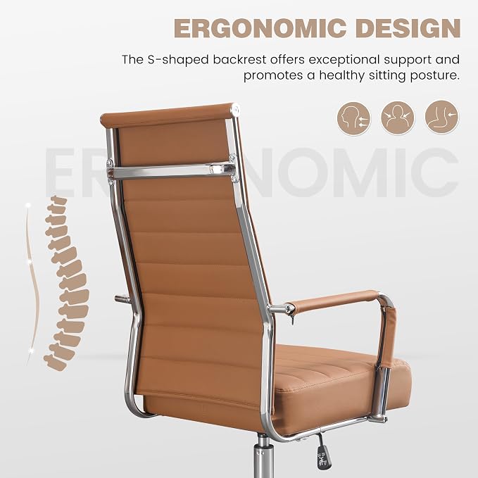 JOMEED Office Desk Chair,Conference Room Chair,High Back PU Leather Swivel | Modern Executive Ribbed Design, Ergonomic, Height Adjustable, Wheels and Arms, for Home Office(Brown-Silver Frame)